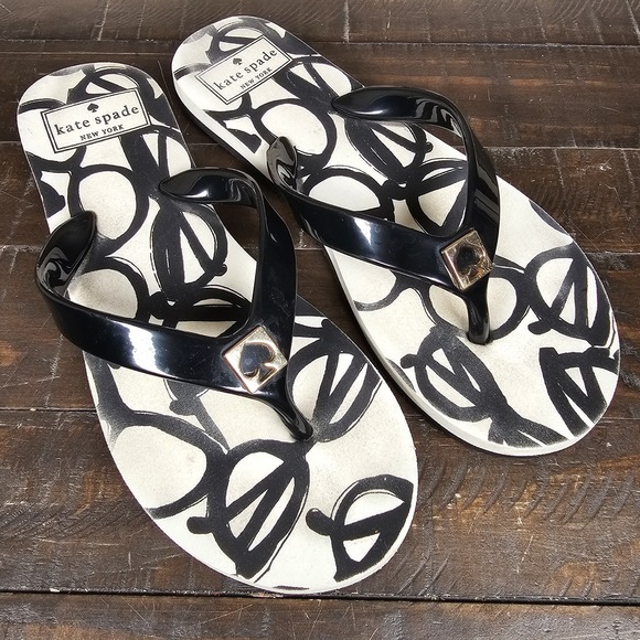 Kate Spade White Black Glasses Pattern Flip Flop Thong Sandals Size Small 5-6 - Picture 1 of 10